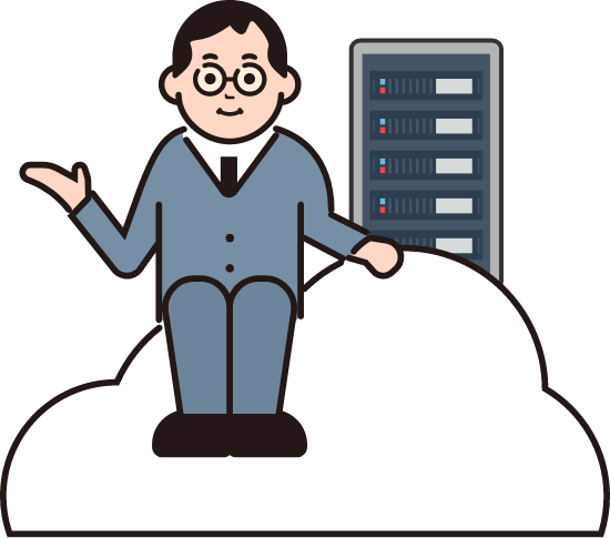雲に座った右手を掲げたスール姿の男性のイラストと、サーバーのイラスト